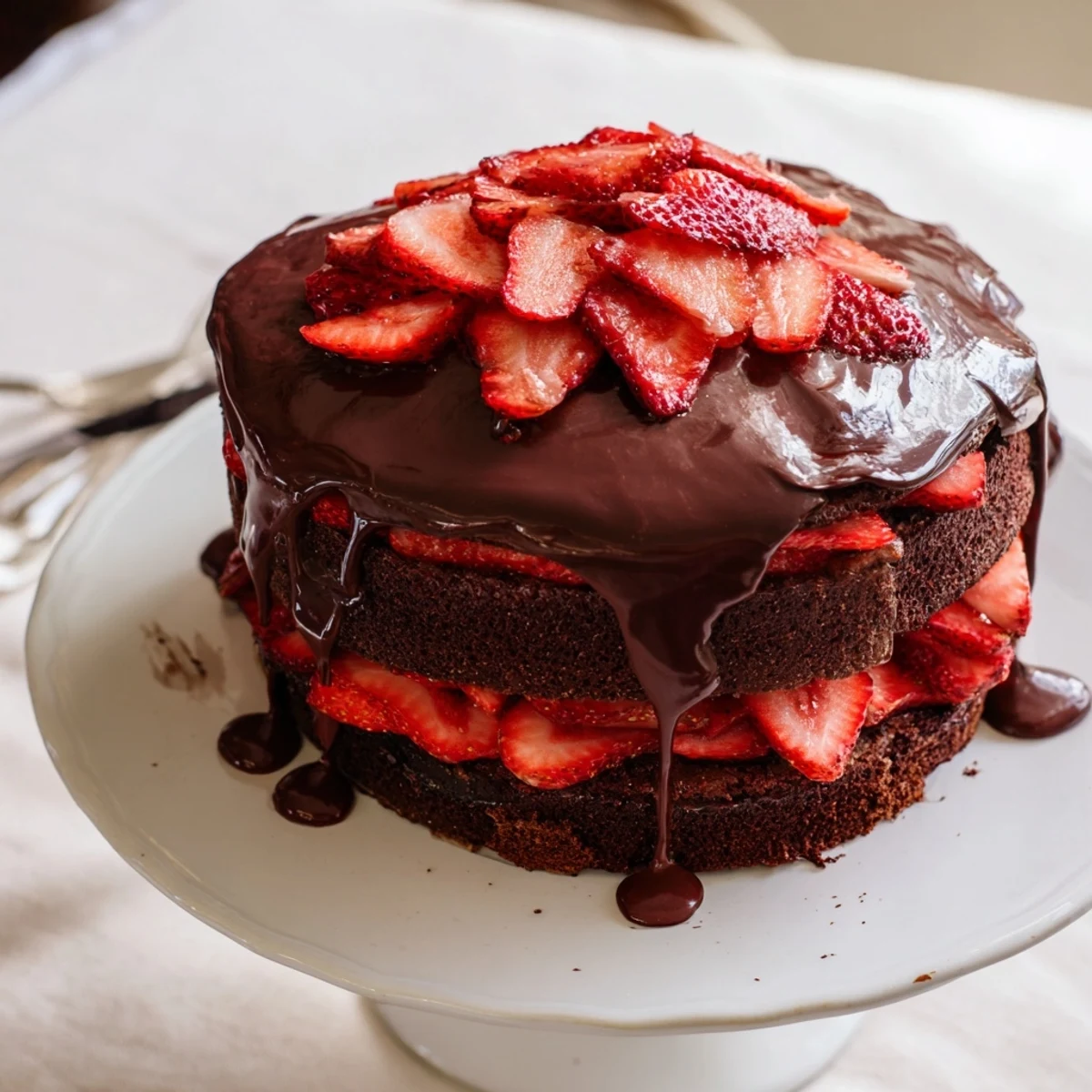 Slice of strawberry chocolate cake showcasing red fruit between dark fudge layers
