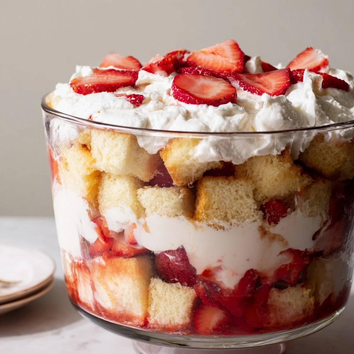 Layered strawberry shortcake trifles with whipped cream sweetened strawberries and buttery shortcake pieces in elegant serving glasses