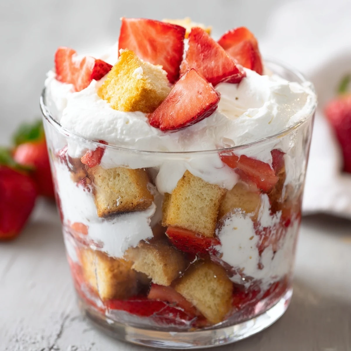 Golden strawberry shortcake trifles layered with fresh juicy berries and fluffy whipped cream in clear glass cups