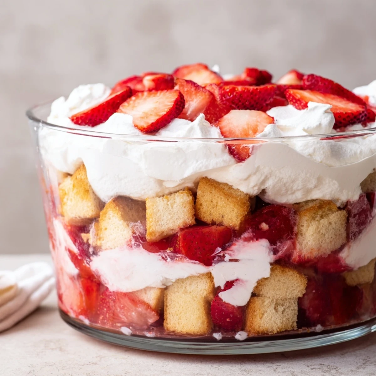 Individual strawberry shortcake trifles showing tender cake cubes topped with macerated red strawberries and vanilla cream