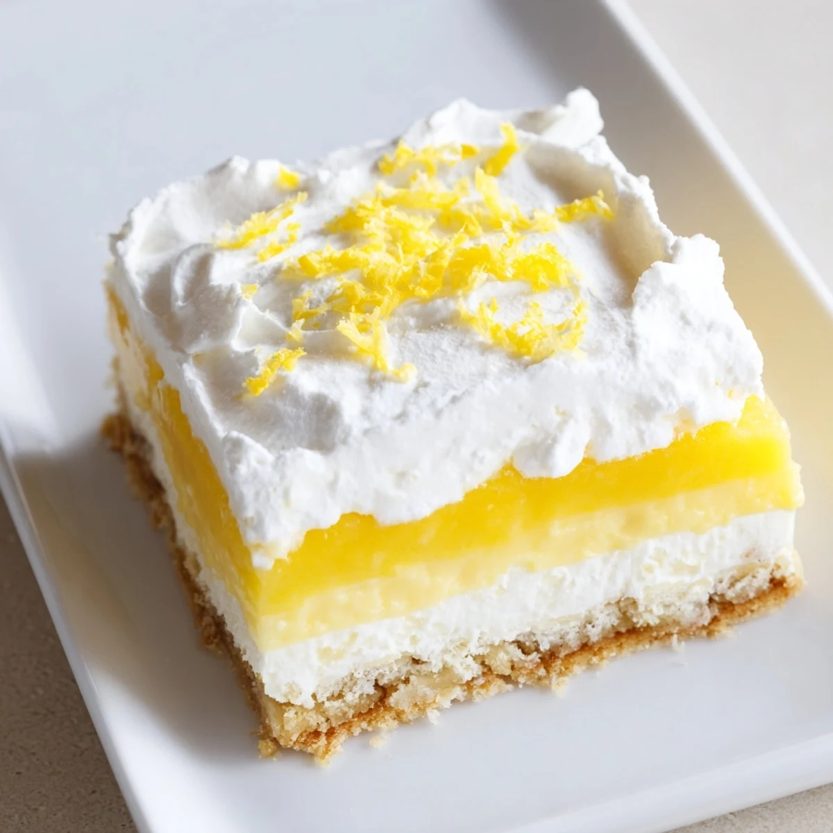 Layered lemon lush cake dessert with buttery crust and bright lemon pudding filling