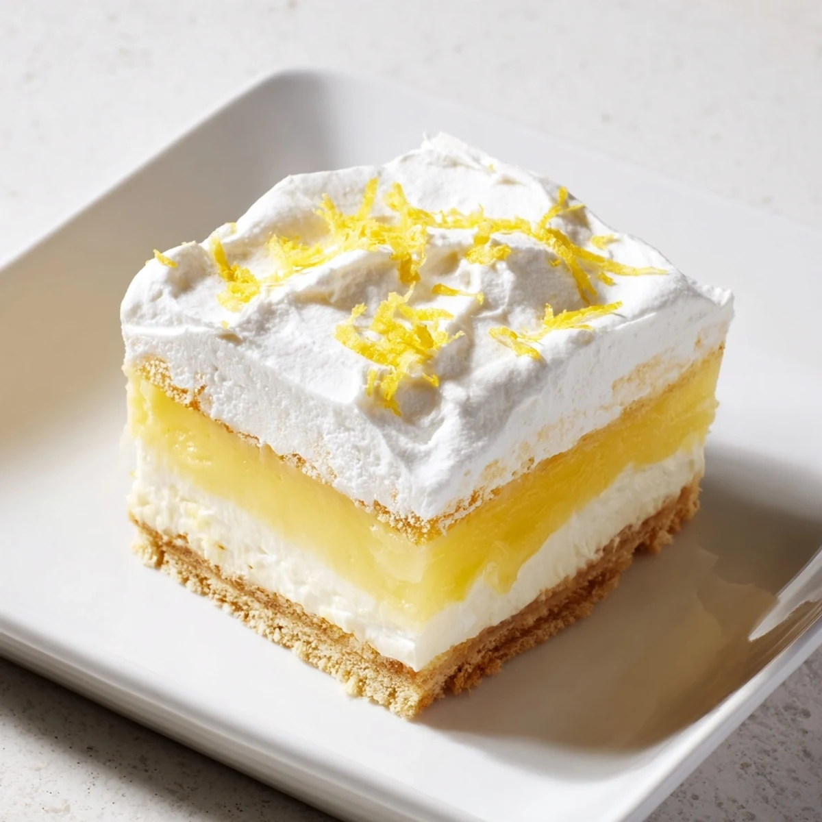 Slice of lemon lush cake garnished with fresh lemon zest on white serving plate