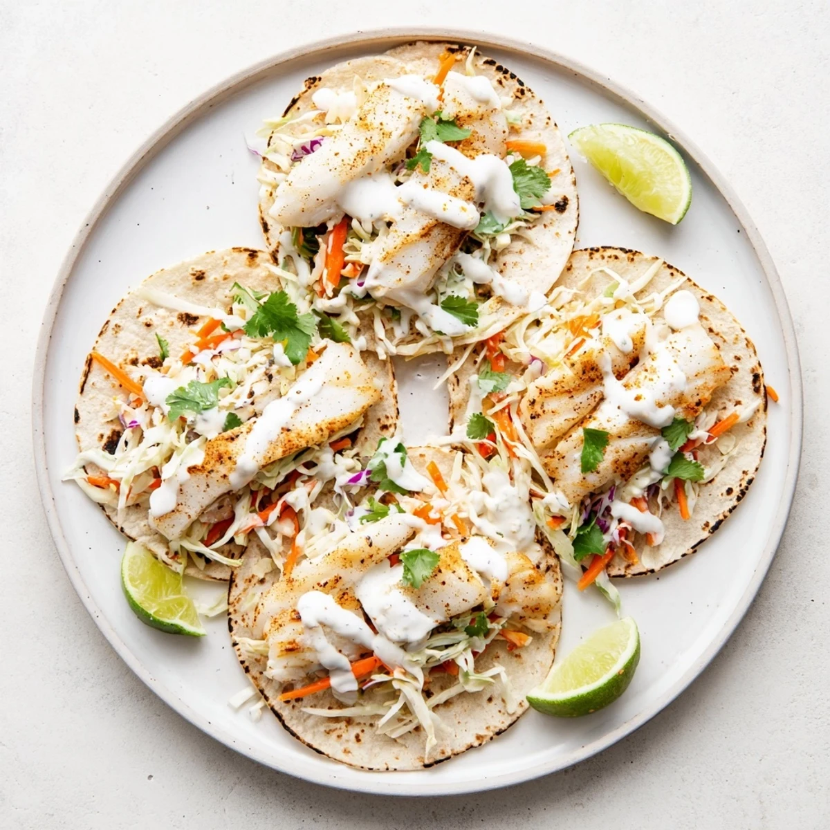 Warm tortilla stuffed with flaky seasoned baked cod fish tacos and crisp fresh vegetables