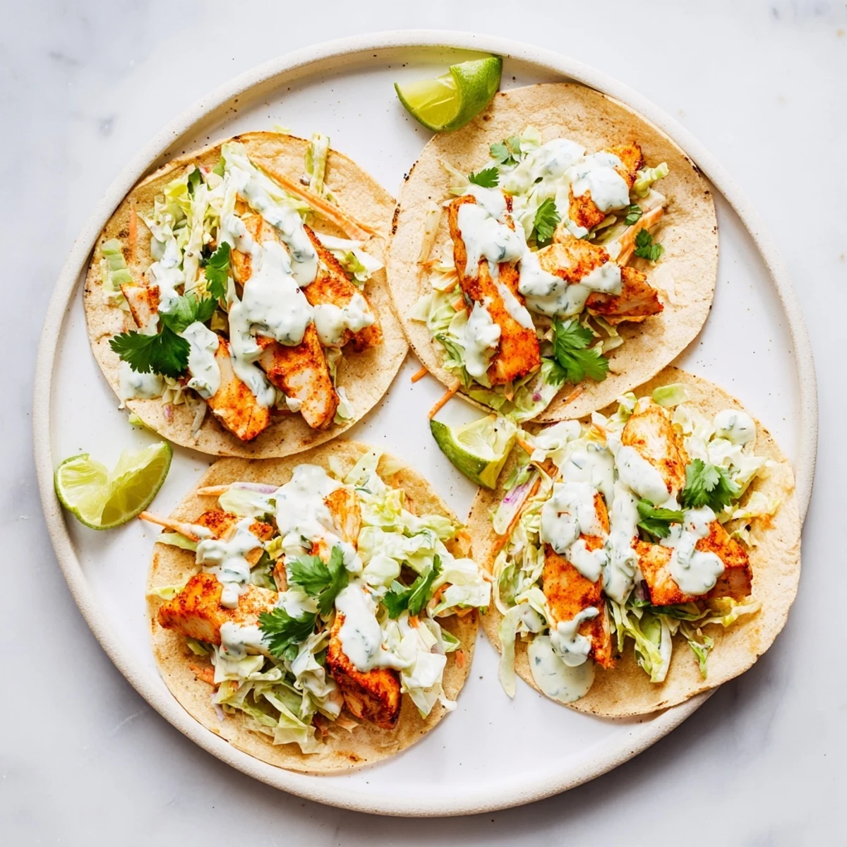 Plate of baked cod fish tacos garnished with avocado slices zesty lime and cilantro