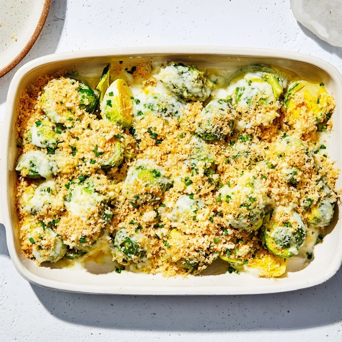 Golden baked Parmesan Brussels sprouts casserole with bubbly cheese topping and fresh parsley garnish