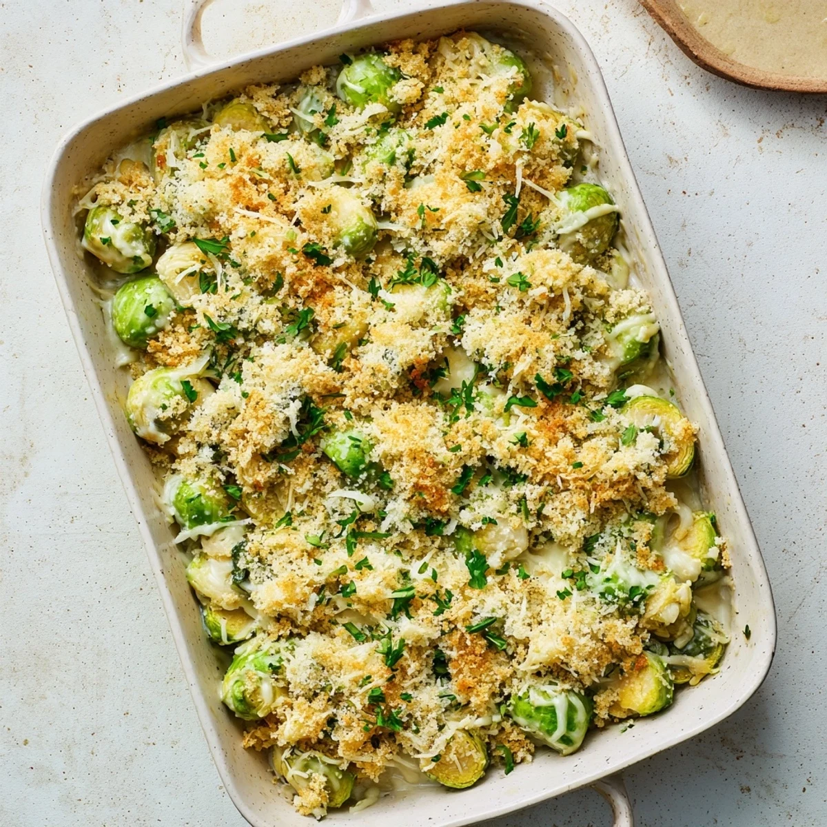 Creamy Parmesan Brussels sprouts casserole served hot in a white ceramic dish for dinner