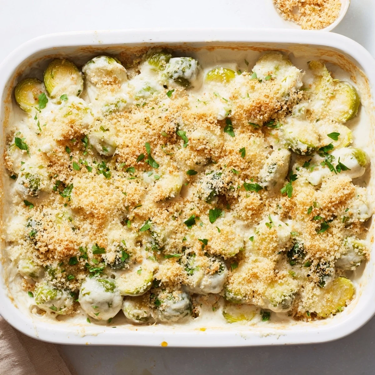 Golden brown Brussels sprouts casserole featuring tender vegetables in rich cheesy Parmesan sauce