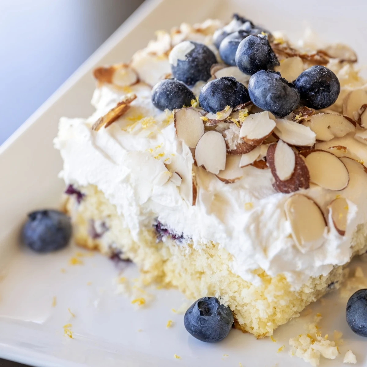 Golden lemon blueberry poke cake topped with fluffy whipped cream and toasted sliced almonds
