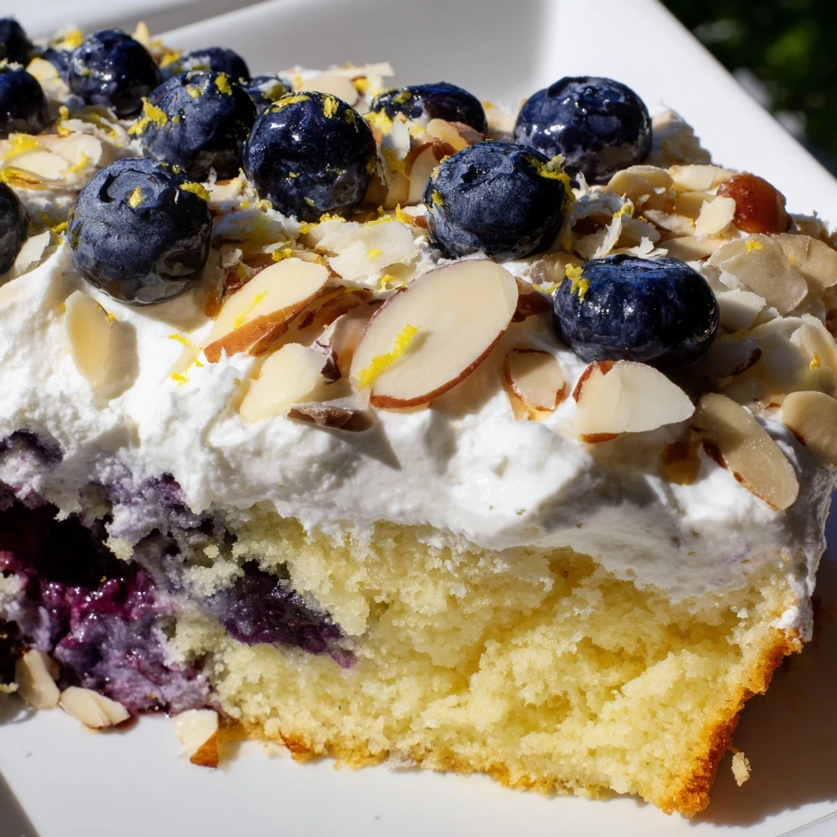 Moist lemon poke cake studded with juicy blueberries beneath creamy white topping and almond crunch