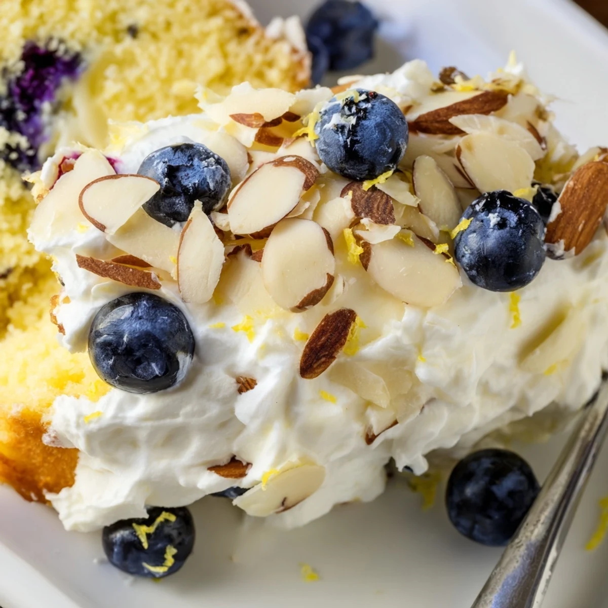 Slice of bright lemon blueberry poke cake showing tender blueberry-filled layers with whipped cream and almonds