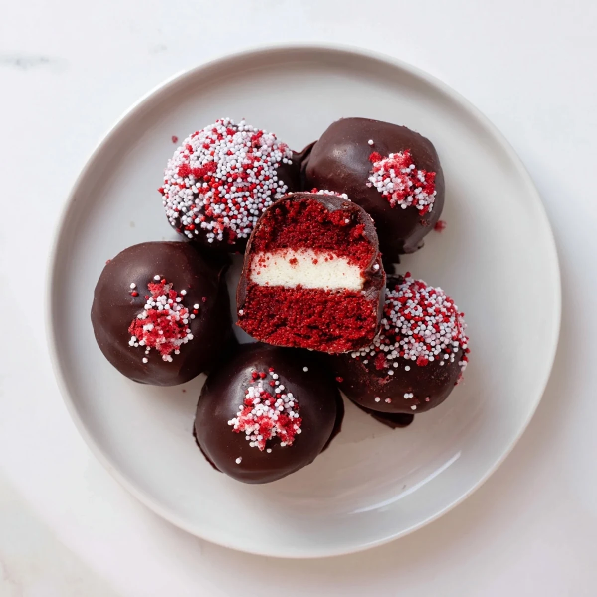 Bite-sized red velvet cheesecake balls coated in smooth dark chocolate with colorful sprinkles on top
