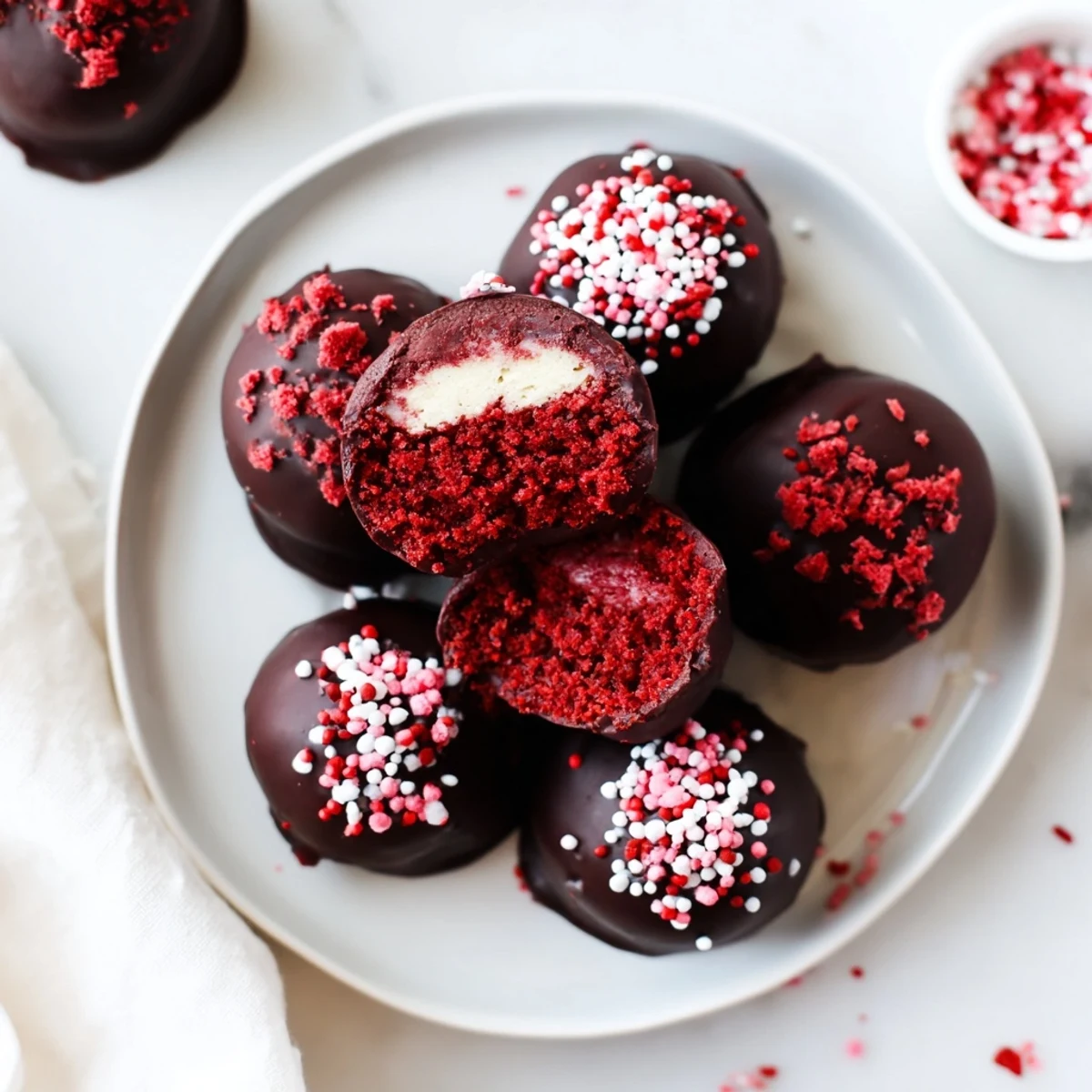 Decadent red velvet cheesecake balls featuring creamy centers dipped in melted white chocolate