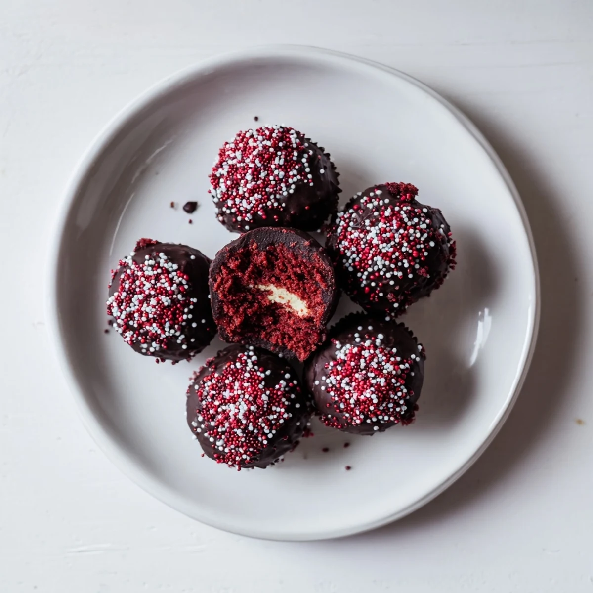 Homemade red velvet cheesecake balls arranged on serving plate with glossy chocolate coating
