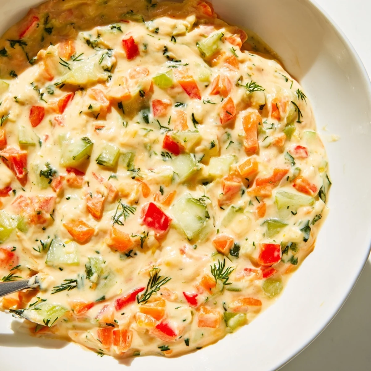 Creamy garden vegetable spread with colorful diced peppers and fresh herbs served on a rustic wooden board