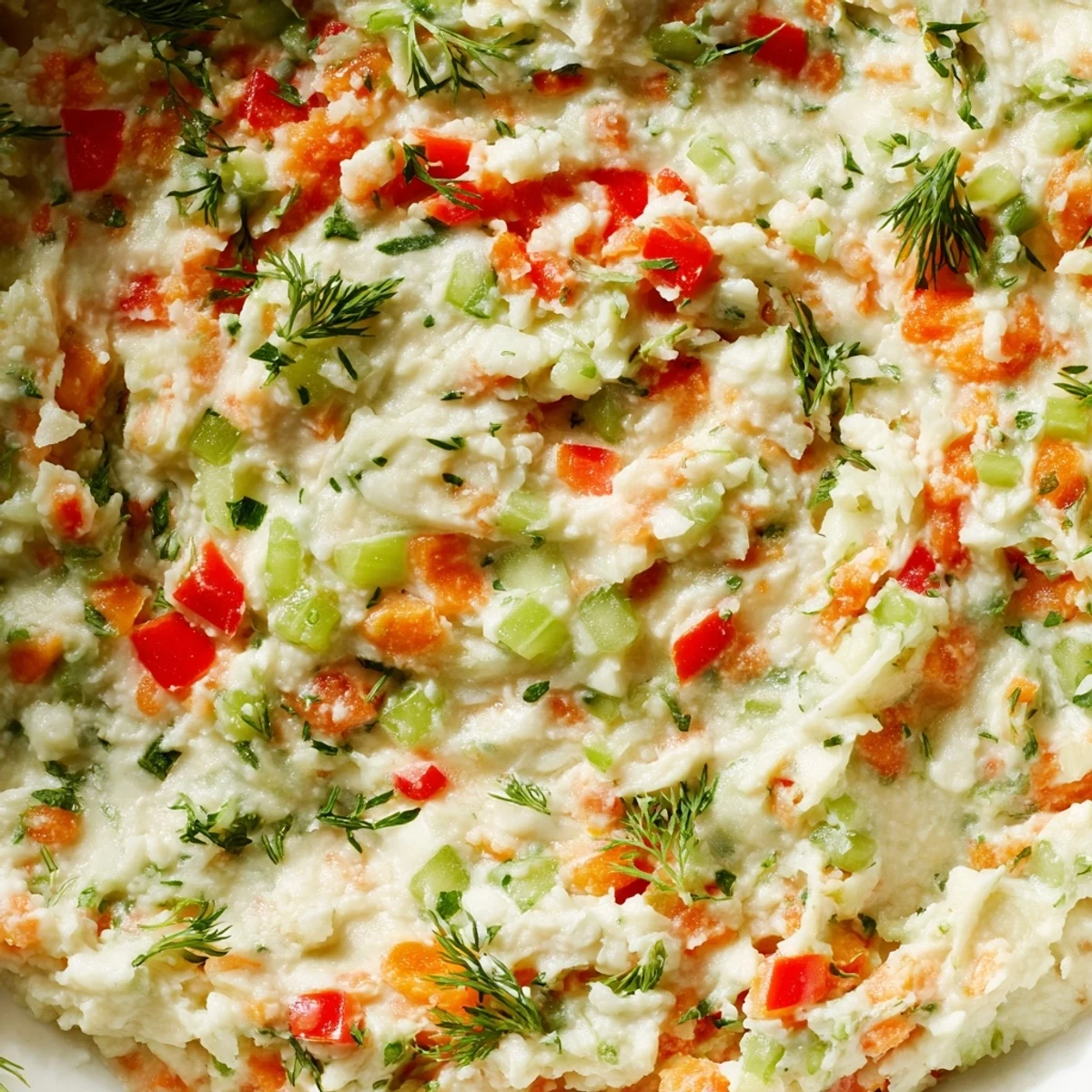 Garden vegetable spread featuring crisp cucumber, carrots, and bell peppers blended into smooth cream cheese for dipping