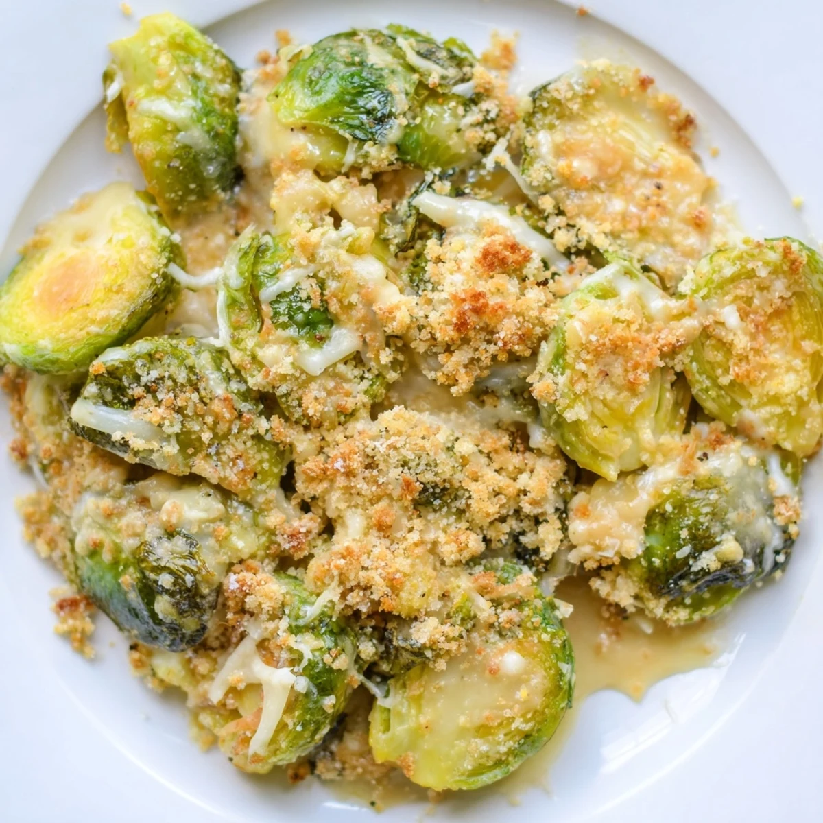 Creamy Parmesan Brussels Sprouts Casserole bubbling with golden breadcrumb crust, ready to serve