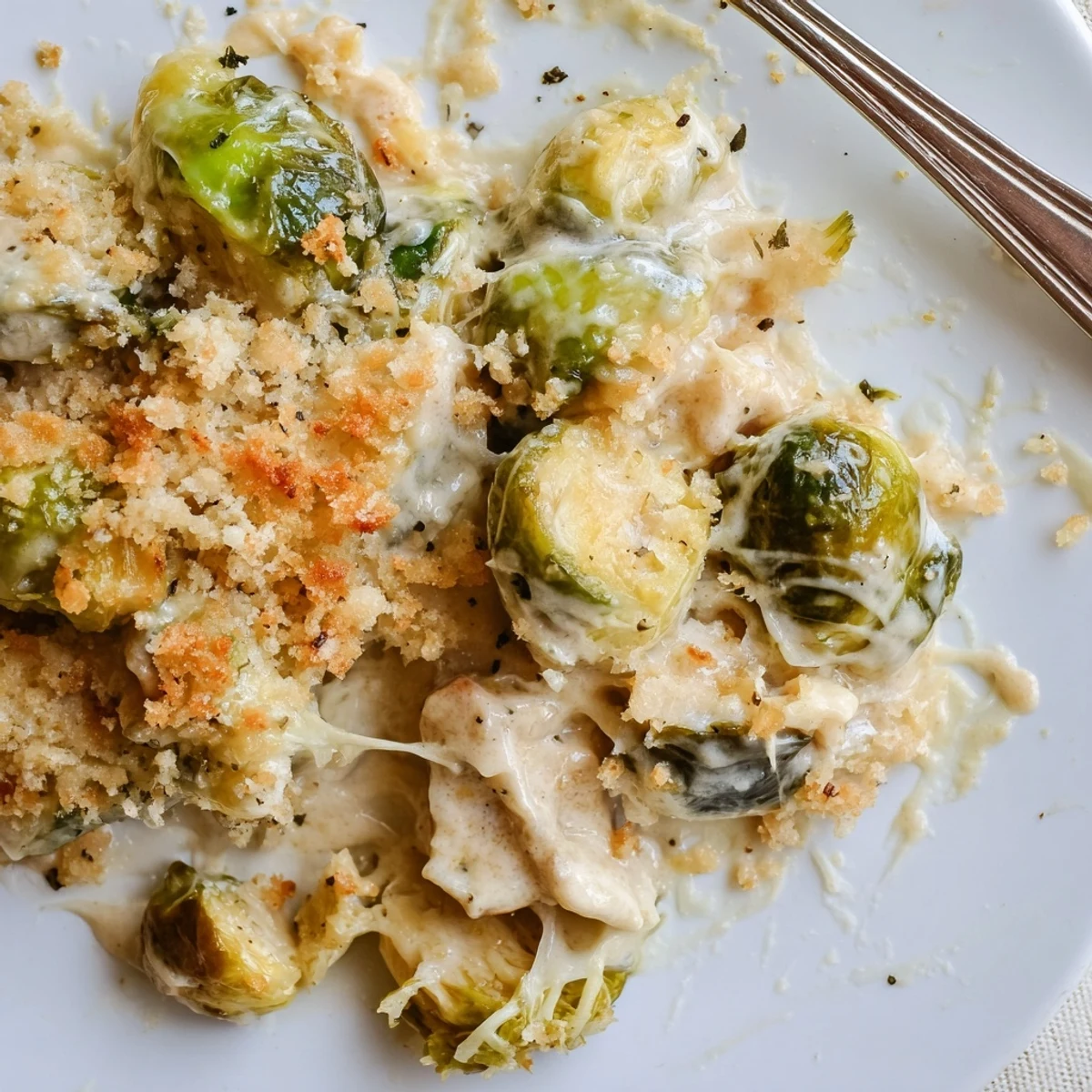 Baked Creamy Parmesan Brussels Sprouts Casserole with crunchy panko topping, ideal for holidays