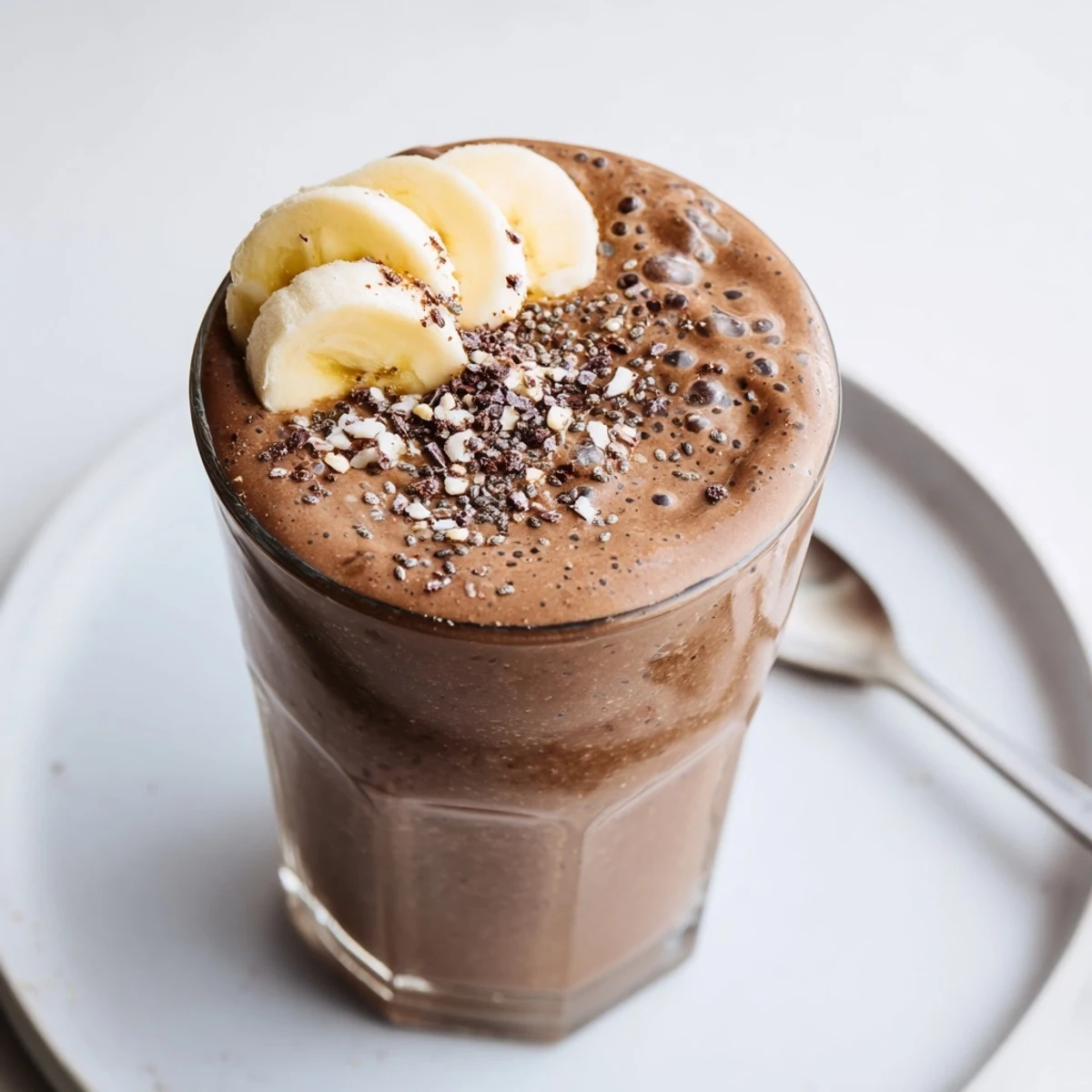 Raw Chocolate Banana Shake in chilled glass, creamy texture, banana slice garnish