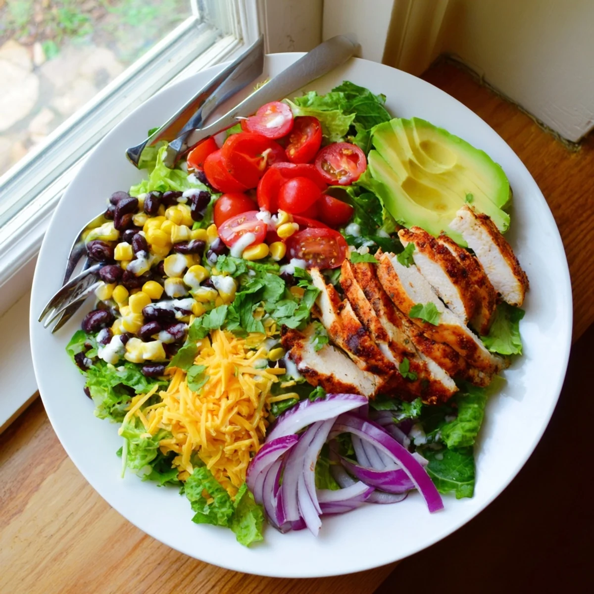 Bountiful bowl of Southwestern chicken salad featuring spiced grilled chicken, roasted corn, black beans, and creamy dressing