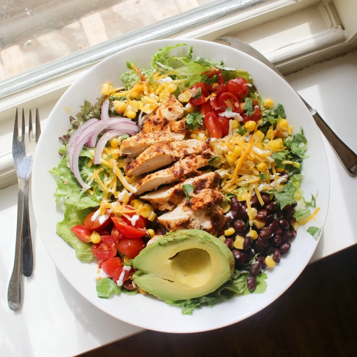 Golden grilled chicken breast slices atop colorful Southwestern chicken salad with fresh avocado and vibrant vegetables
