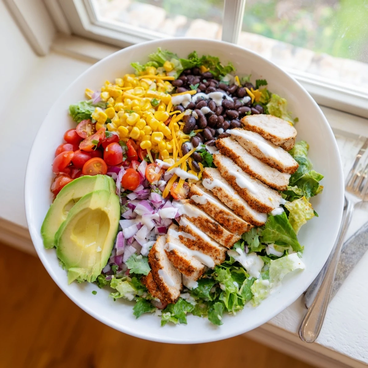 Healthy Southwestern chicken salad bowl arranged with juicy seasoned chicken, crisp greens, red peppers, and zesty lime yogurt dressing