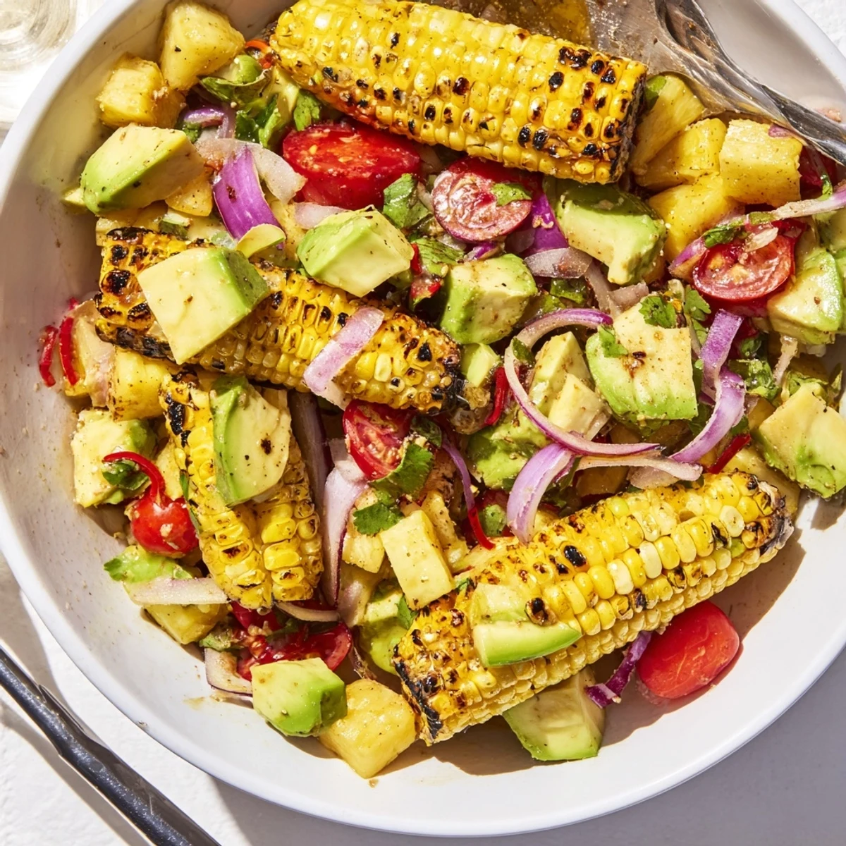 Tropical Charred Corn And Avocado Salad with smoky grilled kernels and lime dressing.