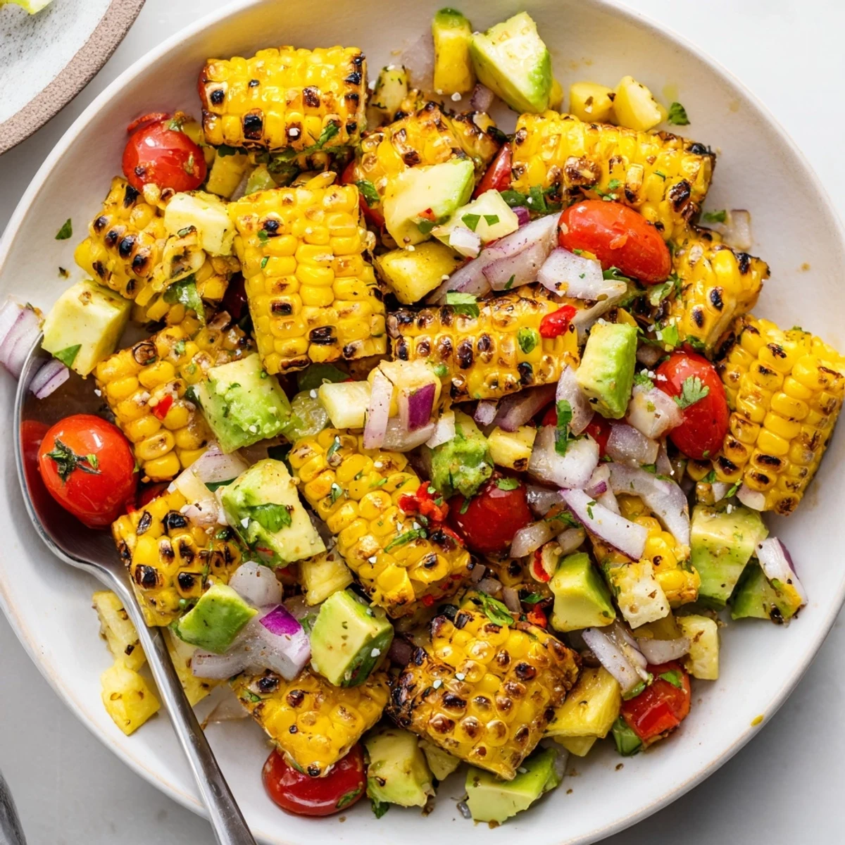 Tropical Charred Corn And Avocado Salad piled with juicy pineapple, cilantro, and tortilla chips.
