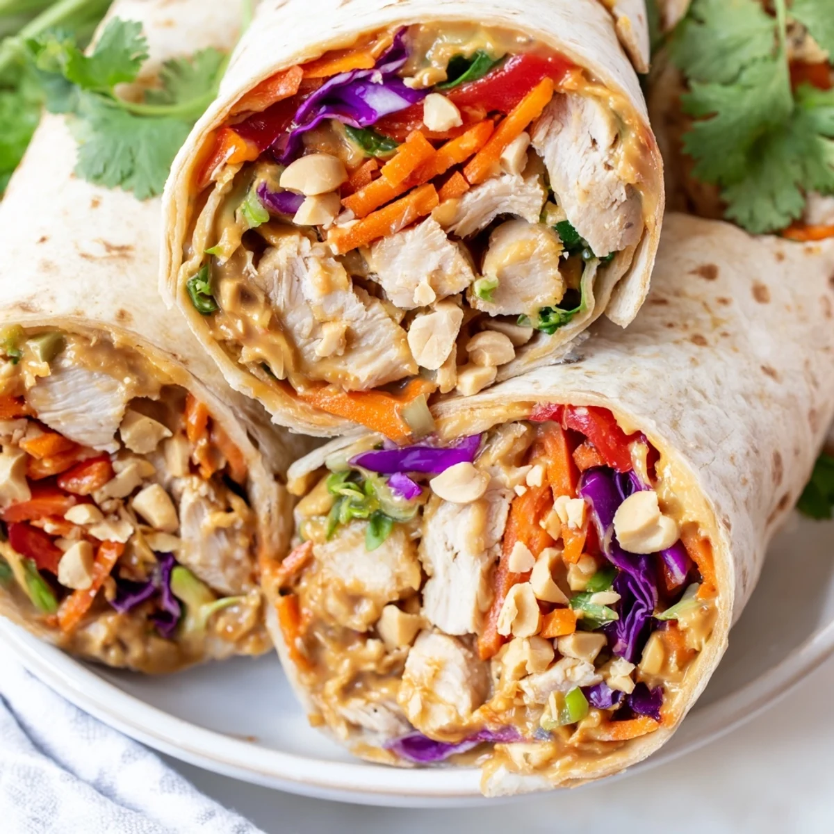 Fresh Thai peanut chicken wraps filled with colorful vegetables and creamy peanut sauce in soft tortillas