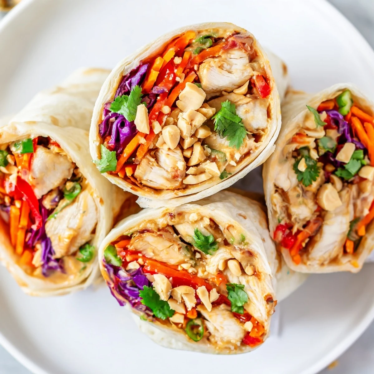Sliced chicken breast and crisp rainbow vegetables wrapped in flour tortillas drizzled with rich Thai peanut dressing