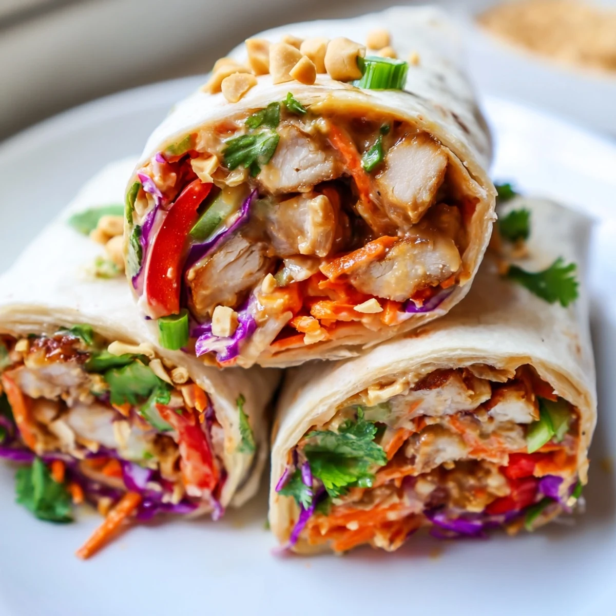 Homemade Thai peanut chicken wraps showcasing tender marinated chicken, shredded cabbage, and vibrant bell pepper strips