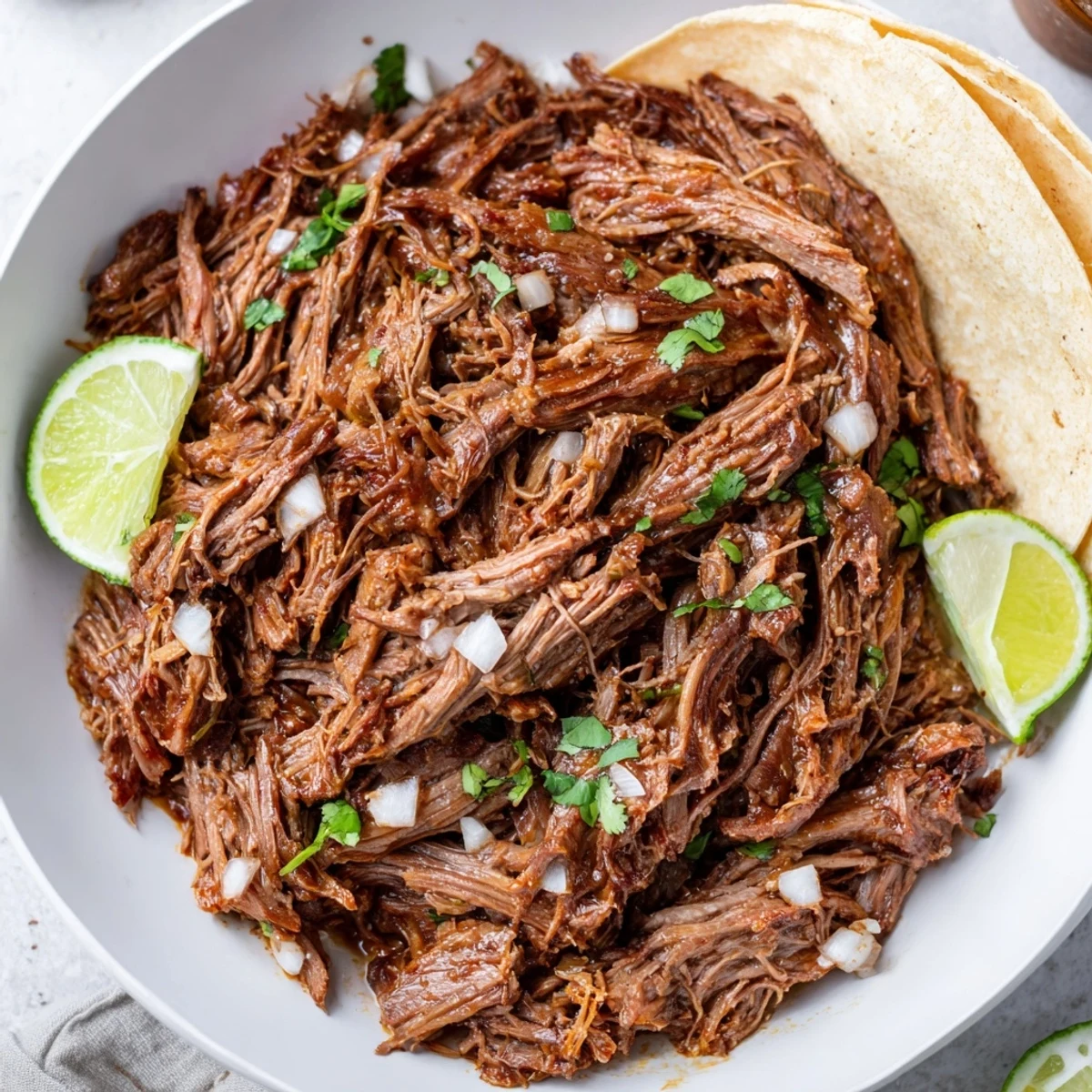 Family-style Slow Cooker Beef Barbacoa, tender smoky meat garnished with lime