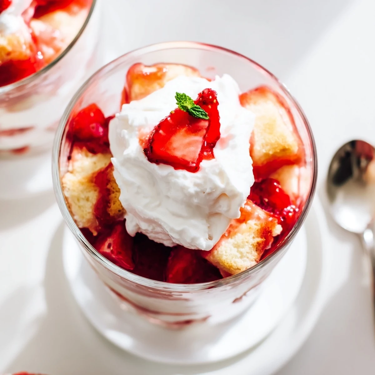 Strawberry Shortcake Trifles in glass jars with juicy berries and fluffy cream