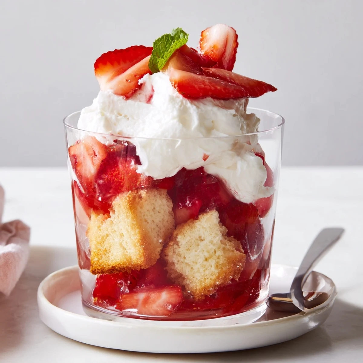 Layered Strawberry Shortcake Trifles showing golden shortcake, macerated strawberries, and whipped cream