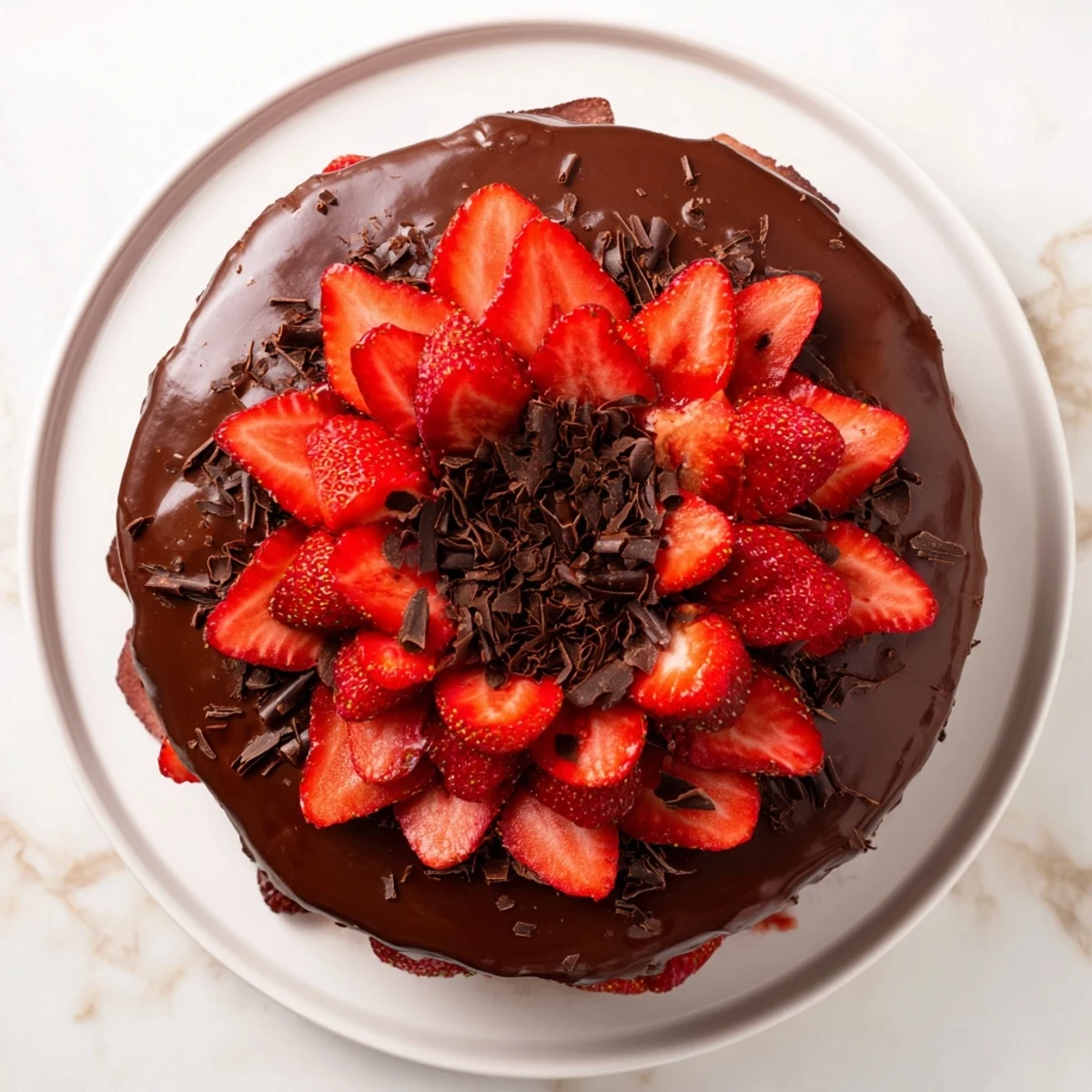 Decadent strawberry chocolate cake layered with fresh strawberries and silky chocolate ganache