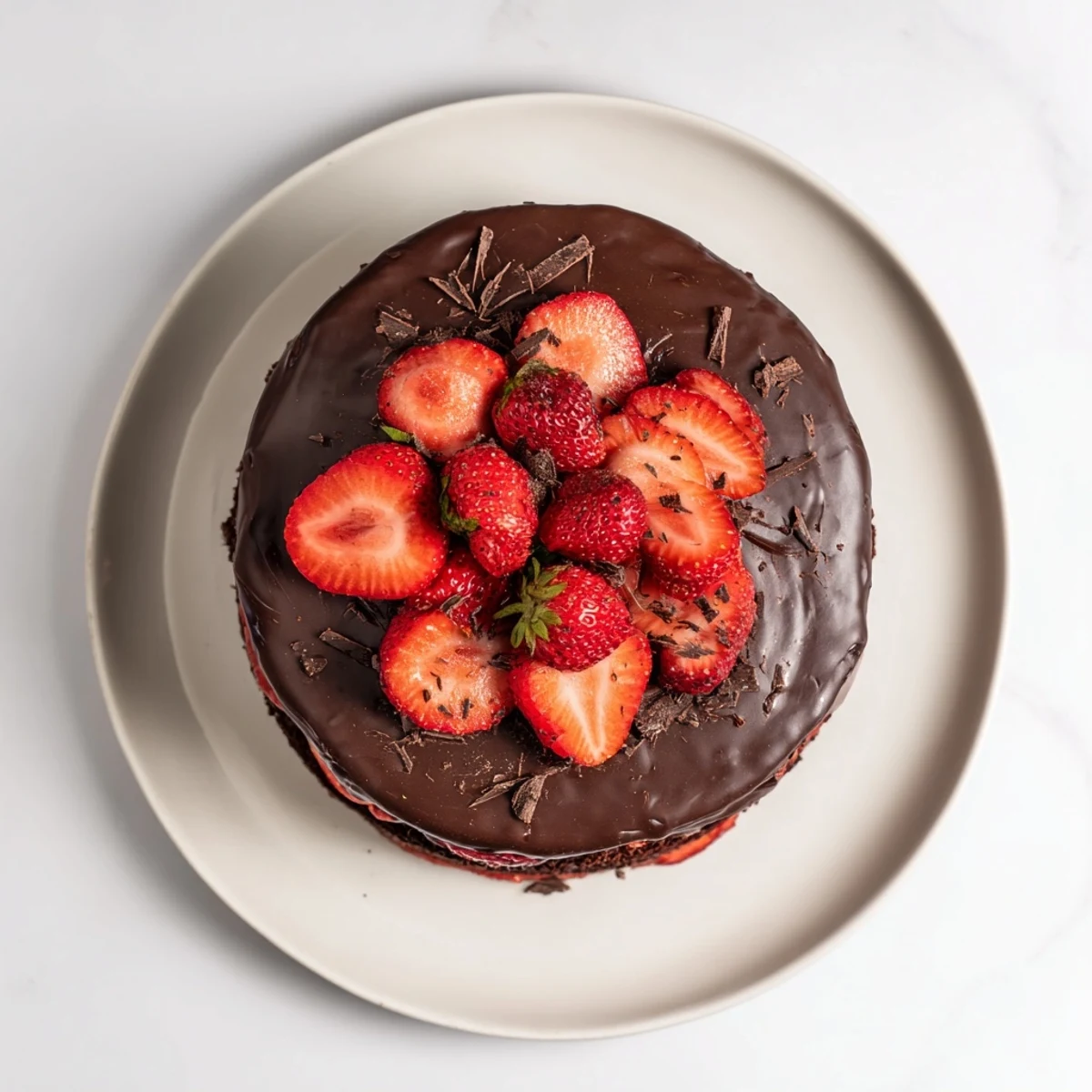 Rich chocolate layered cake topped with fresh juicy strawberries and creamy chocolate ganache