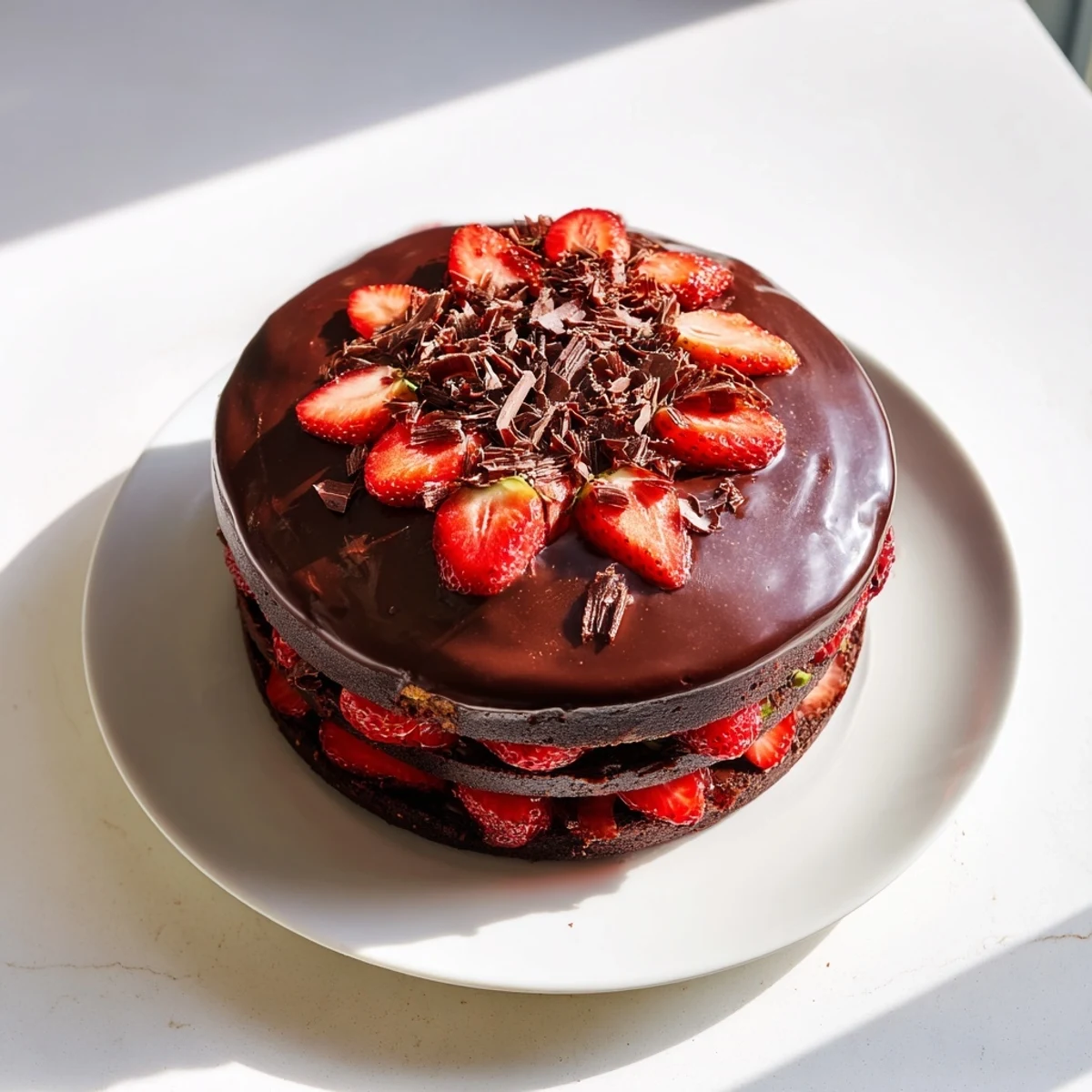 Moist chocolate cake with sweet strawberry filling and rich ganache frosting for celebrations