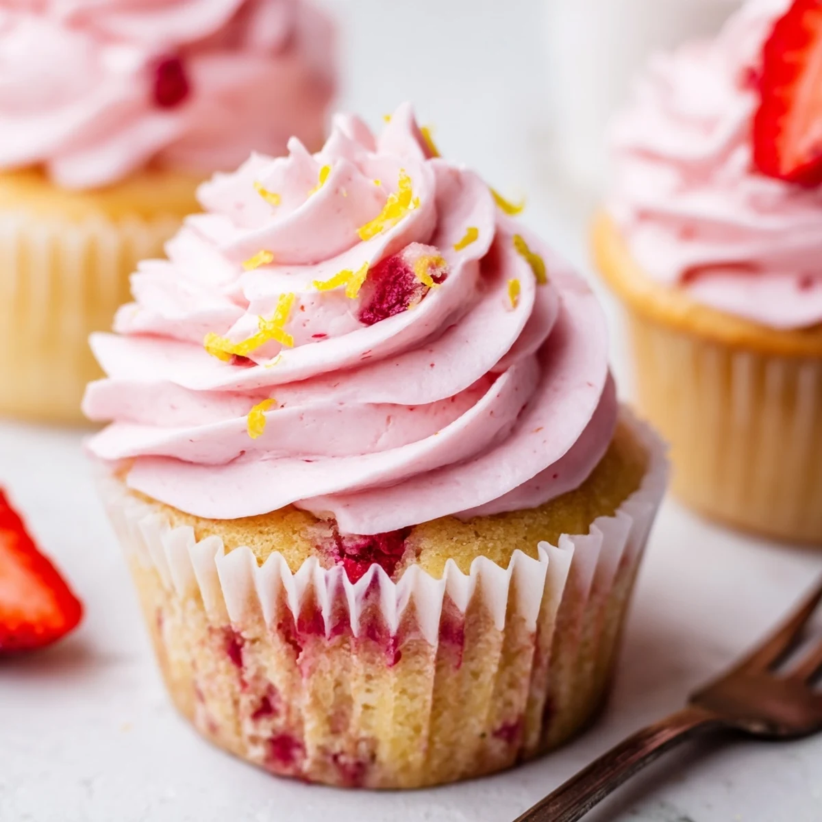 Stack of fluffy strawberry lemonade cupcakes with creamy strawberry lemonade buttercream and fresh strawberry slices