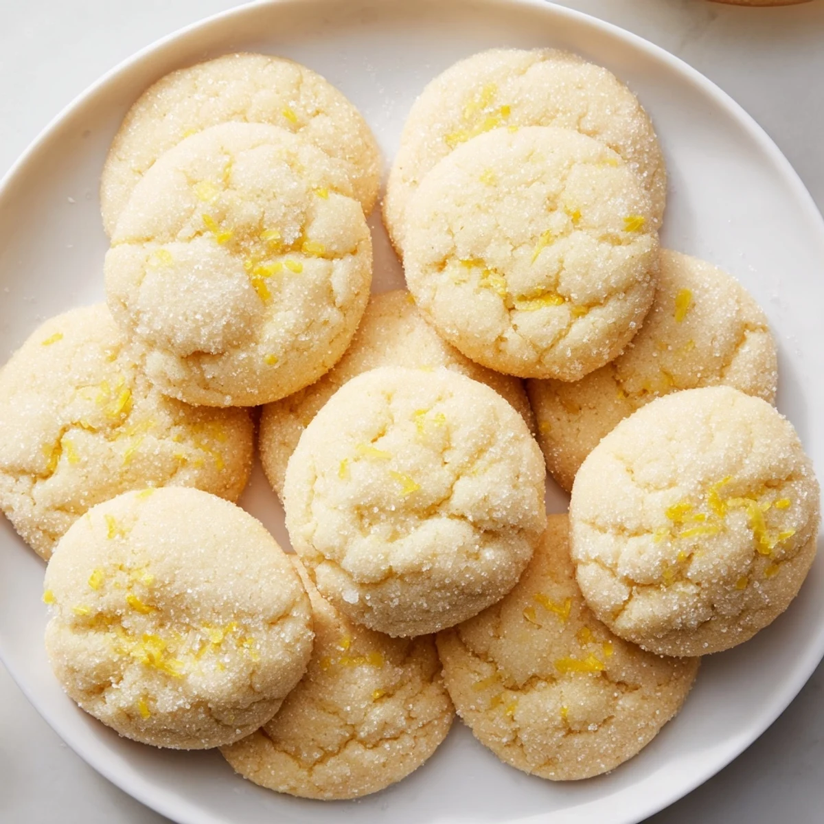 Freshly baked soft chewy lemon cookies sprinkled with sugar and topped with lemon zest