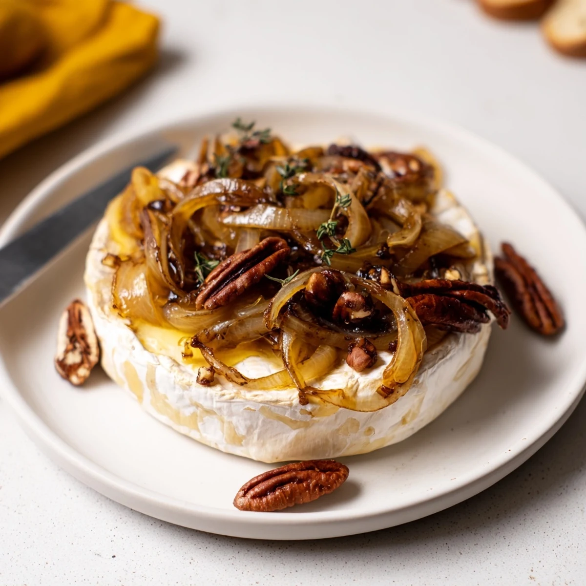 Creamy Baked Brie With Caramelized Onions And Pecans oozing, topped with thyme