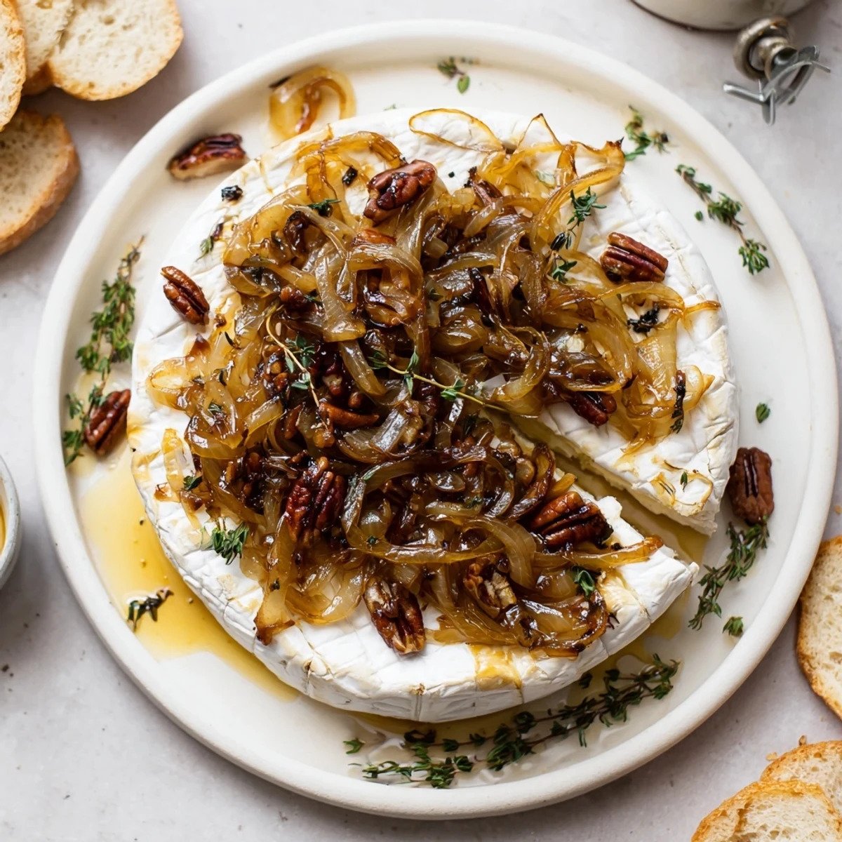 Golden Baked Brie With Caramelized Onions And Pecans, crunchy pecans visible