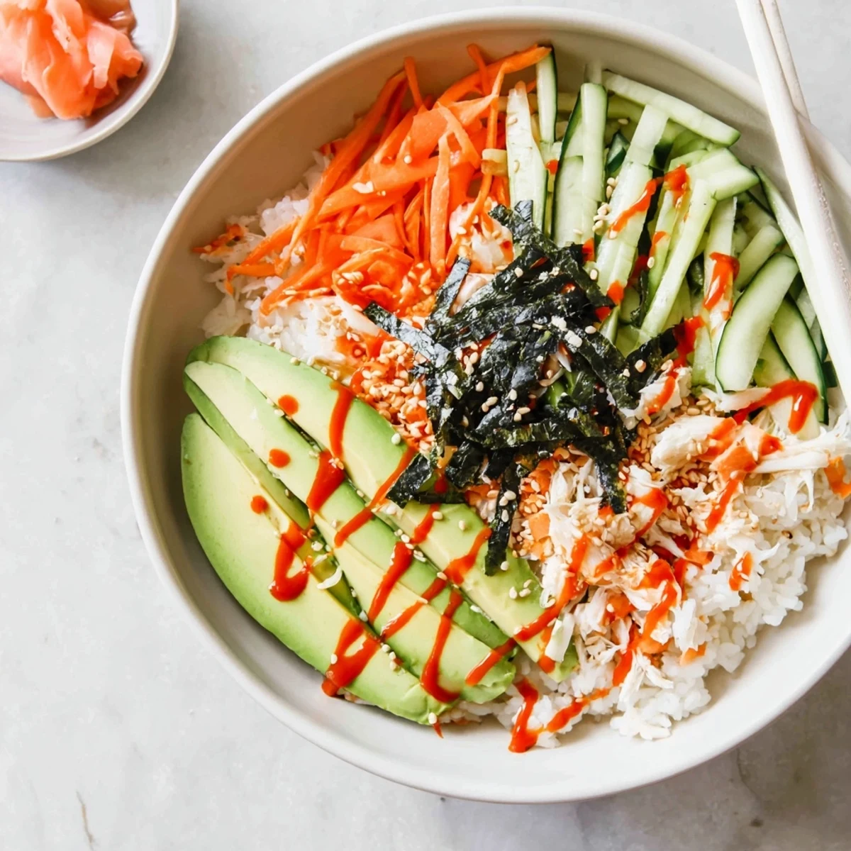 Colorful California roll sushi bowl topped with crab, avocado, cucumber, and drizzled spicy mayo