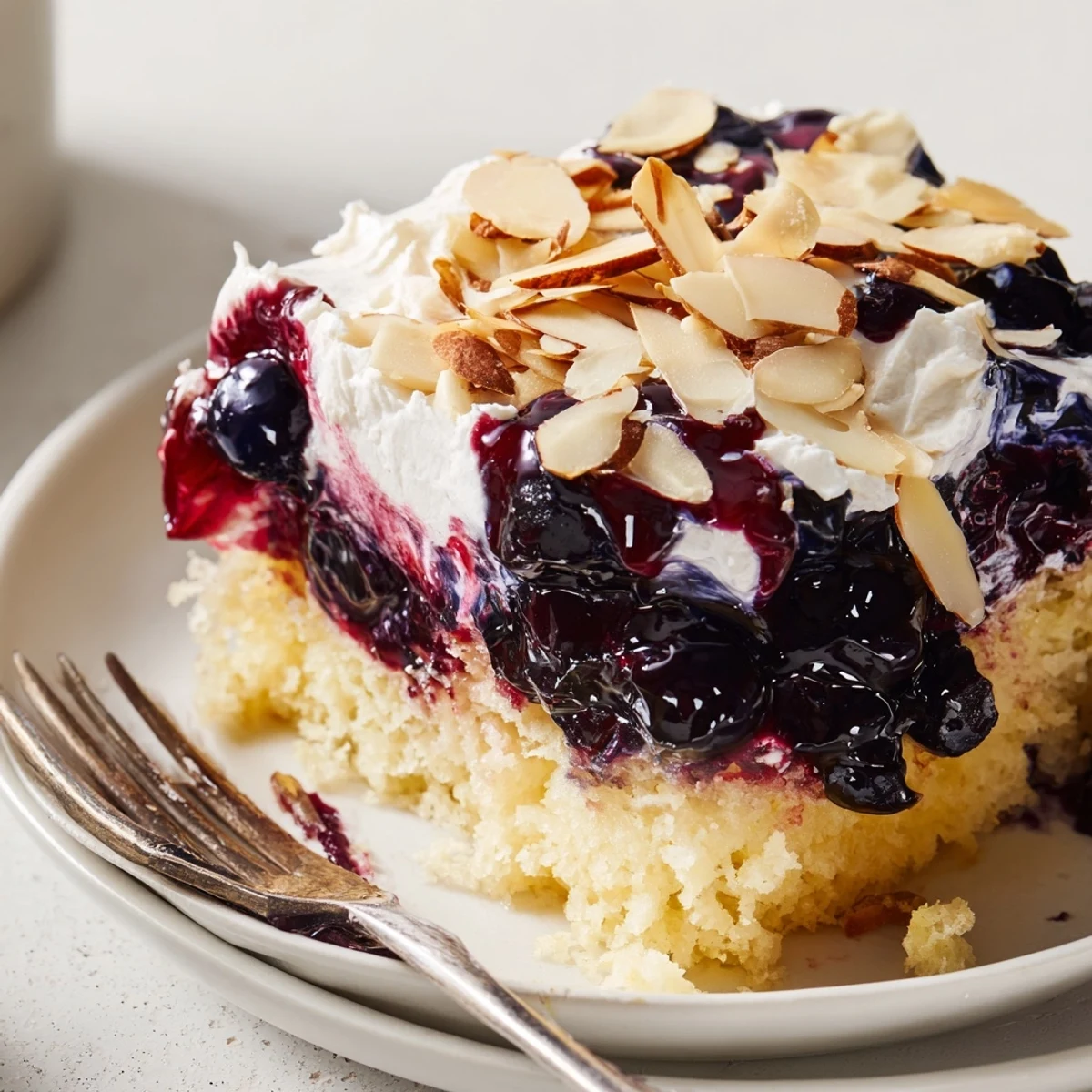 A plated wedge of Lemon Blueberry Poke Cake With Almond Topping, toasted almond crunch