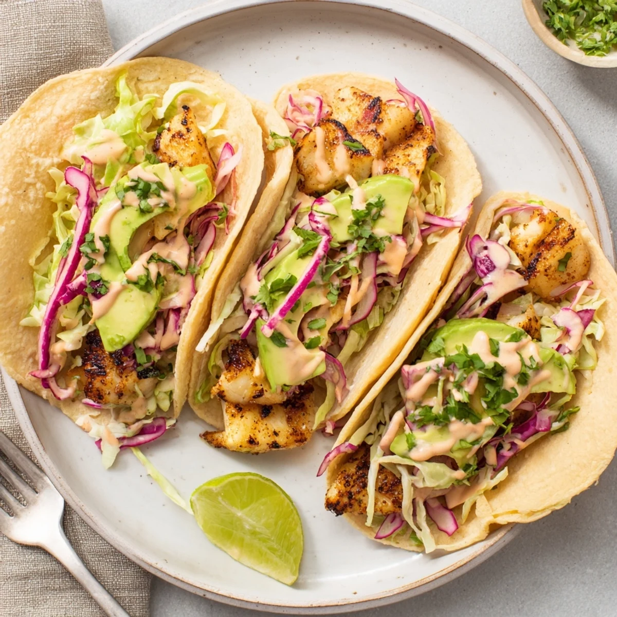 Baked Cod Fish Tacos with Creamy Cilantro Lime Sauce on warm tortillas, flaky fish.