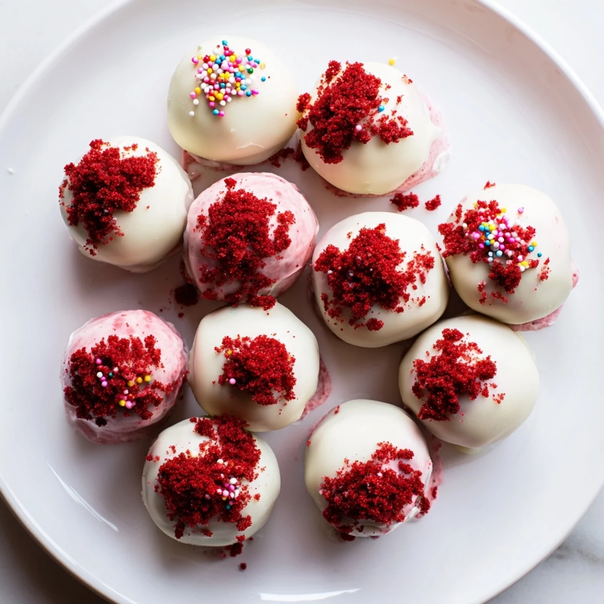 Bite-sized red velvet cheesecake balls coated in melted white chocolate with colorful sprinkles on top