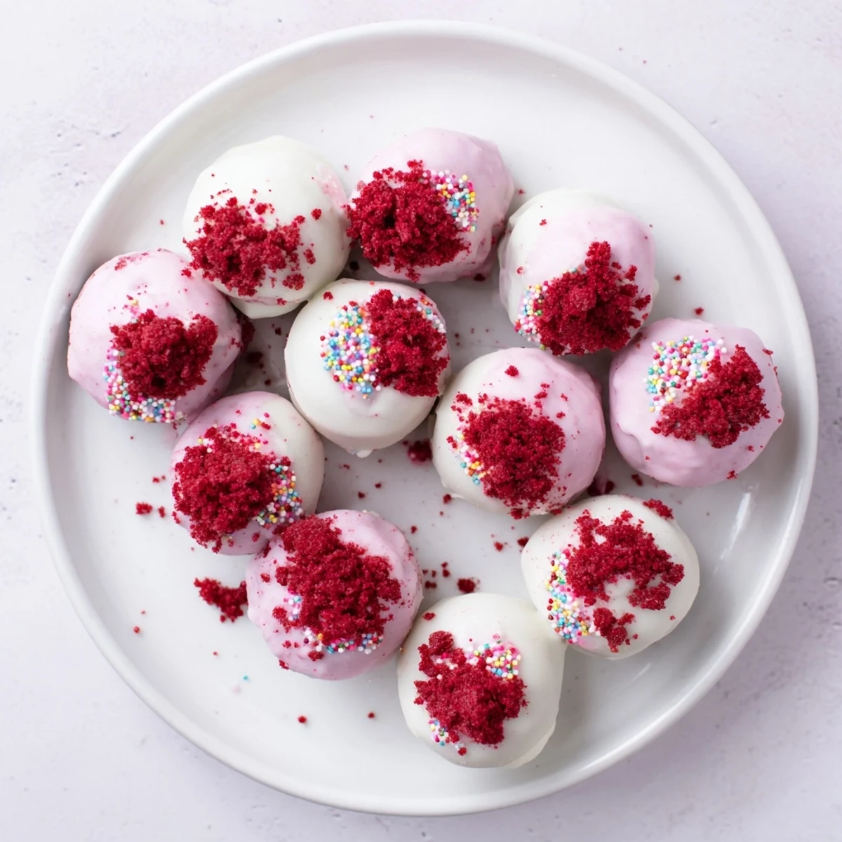 Homemade red velvet cheesecake balls on a white serving plate with crumb coating visible