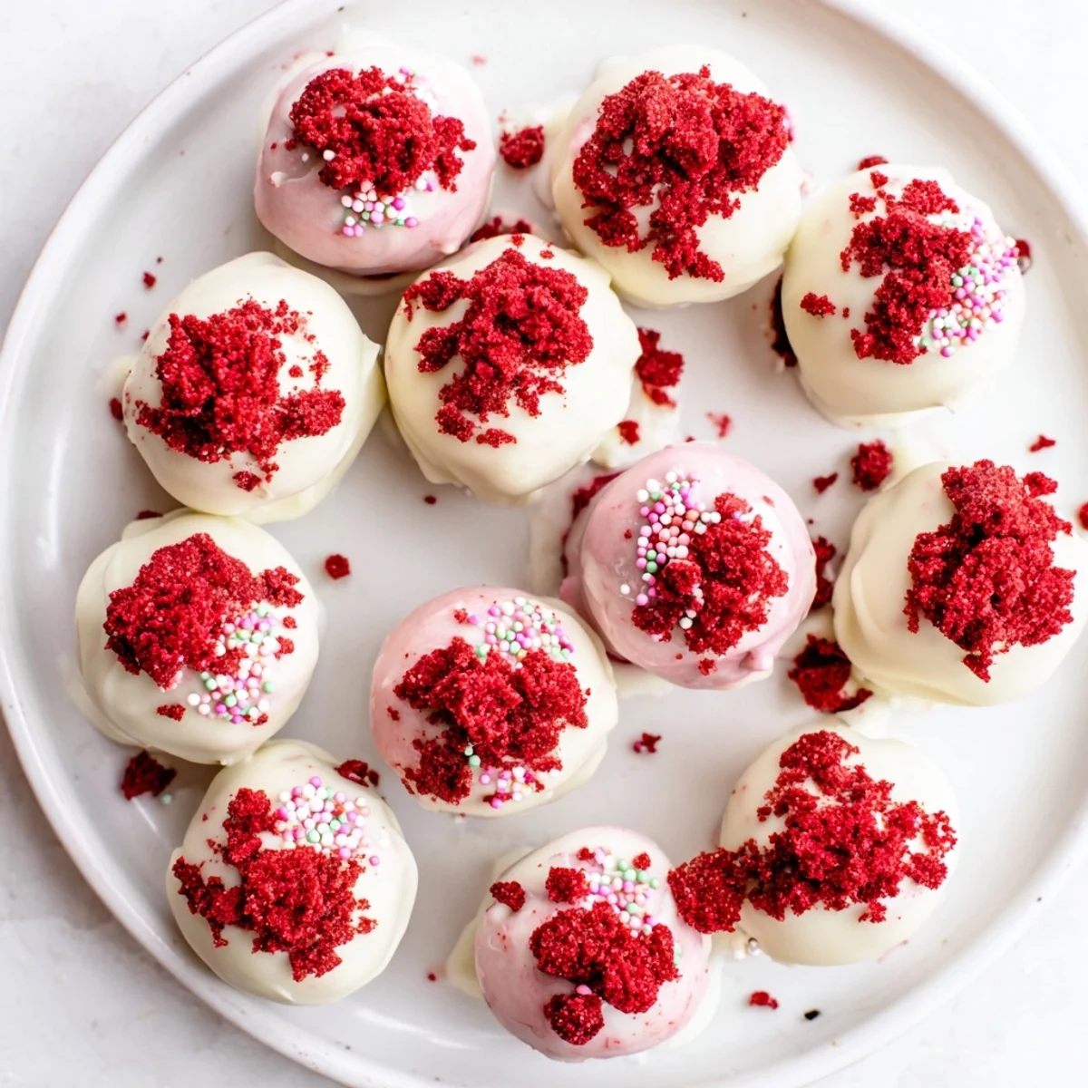 Rich red velvet cheesecake balls decorated with red velvet crumbs arranged on parchment paper