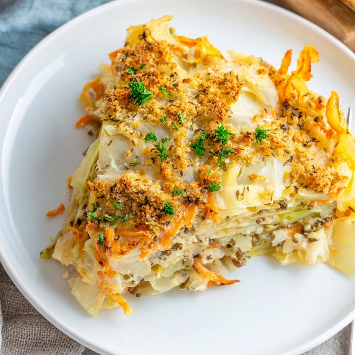 A steaming Slow Roasted Cabbage And Sauerkraut Casserole beside rye bread and mustard