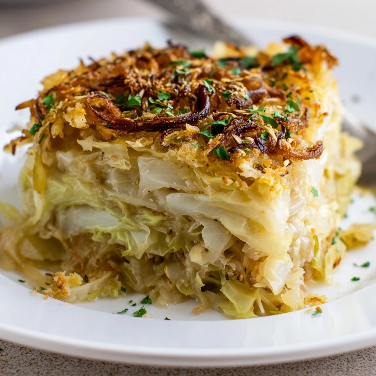 Golden-topped Slow Roasted Cabbage And Sauerkraut Casserole, steaming, herb-scented, ready to serve