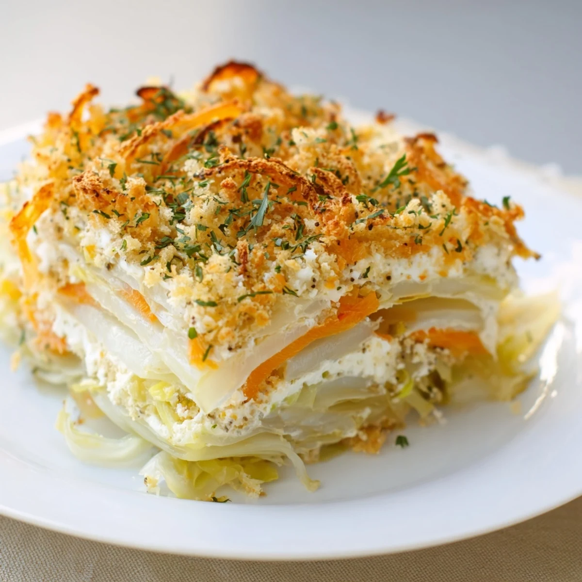 Sliced Slow Roasted Cabbage And Sauerkraut Casserole showing bubbling sour cream interior