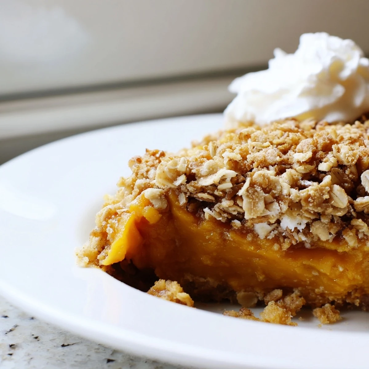 Creamy spiced pumpkin pie crisp topped with buttery brown sugar streusel